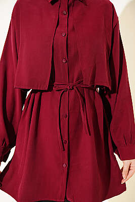 Önü Pelerinli İp Kuşaklı Tensel Gömlek Bordo - Gömlek