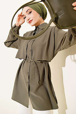 Önü Pelerinli İp Kuşaklı Tensel Gömlek Haki - NEVA MODA