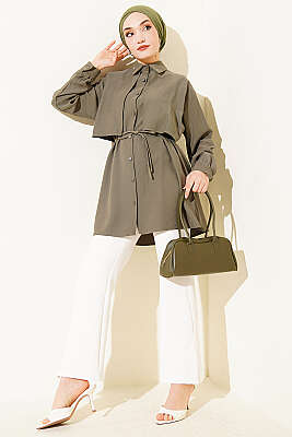 Önü Pelerinli İp Kuşaklı Tensel Gömlek Haki - Gömlek