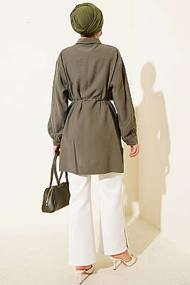 Önü Pelerinli İp Kuşaklı Tensel Gömlek Haki - Gömlek