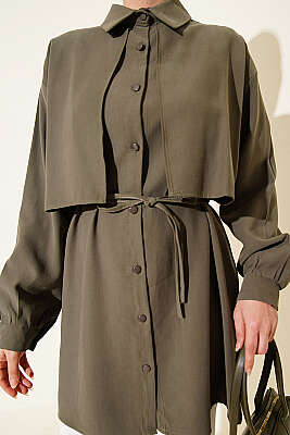 Önü Pelerinli İp Kuşaklı Tensel Gömlek Haki - Gömlek