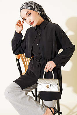 Önü Pelerinli İp Kuşaklı Tensel Gömlek Kahve - NEVA MODA