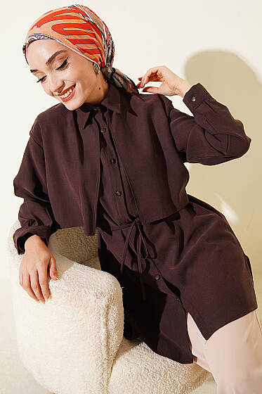 Önü Pelerinli İp Kuşaklı Tensel Gömlek Kahve - Gömlek