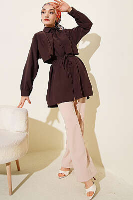 Önü Pelerinli İp Kuşaklı Tensel Gömlek Kahve - Gömlek