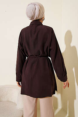 Önü Pelerinli İp Kuşaklı Tensel Gömlek Kahve - Gömlek