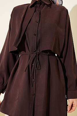 Önü Pelerinli İp Kuşaklı Tensel Gömlek Kahve - Gömlek