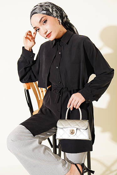 Önü Pelerinli İp Kuşaklı Tensel Gömlek Siyah - Gömlek