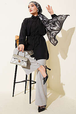 Önü Pelerinli İp Kuşaklı Tensel Gömlek Siyah - Gömlek