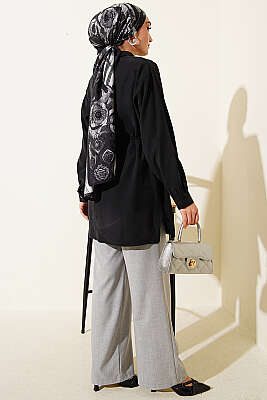 Önü Pelerinli İp Kuşaklı Tensel Gömlek Siyah - Gömlek