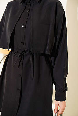 Önü Pelerinli İp Kuşaklı Tensel Gömlek Siyah - Gömlek