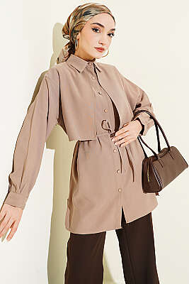 Önü Pelerinli İp Kuşaklı Tensel Gömlek Vizon - NEVA MODA