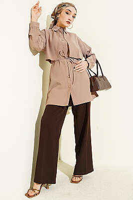 Önü Pelerinli İp Kuşaklı Tensel Gömlek Vizon - Gömlek