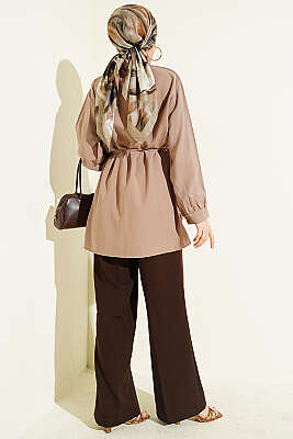 Önü Pelerinli İp Kuşaklı Tensel Gömlek Vizon - Gömlek