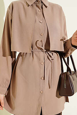 Önü Pelerinli İp Kuşaklı Tensel Gömlek Vizon - Gömlek