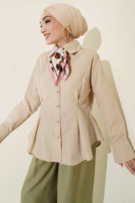 Önü Pens Detaylı Kısa Gömlek Bej - MISRA