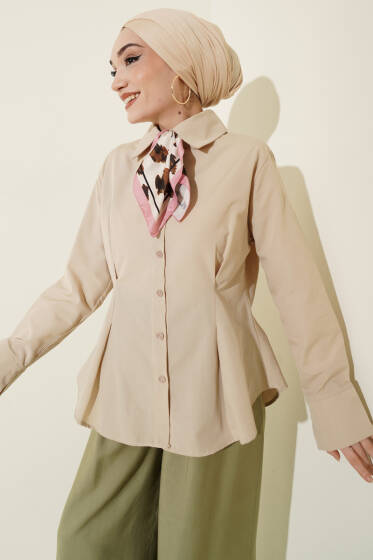 Önü Pens Detaylı Kısa Gömlek Bej - Gömlek