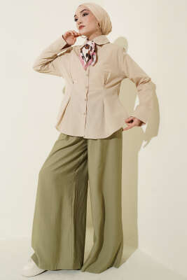 Önü Pens Detaylı Kısa Gömlek Bej - Gömlek