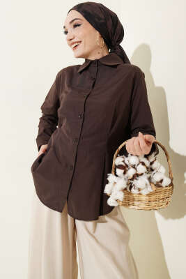 Önü Pens Detaylı Kısa Gömlek Kahve - MISRA