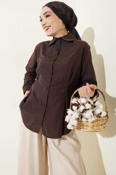 Önü Pens Detaylı Kısa Gömlek Kahve - Gömlek