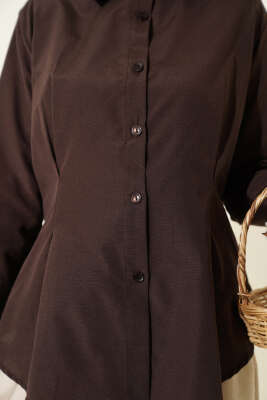 Önü Pens Detaylı Kısa Gömlek Kahve - Gömlek