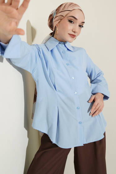 Önü Pens Detaylı Kısa Gömlek Mavi - Gömlek