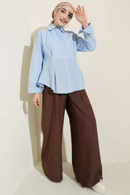 Önü Pens Detaylı Kısa Gömlek Mavi - Gömlek