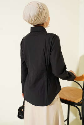 Önü Pens Detaylı Kısa Gömlek Siyah - Gömlek