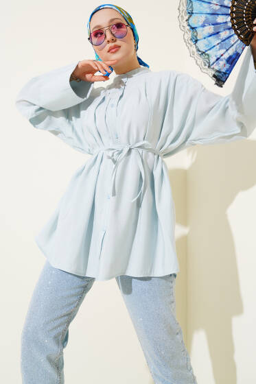 Önü Pensli İp Kuşaklı Gömlek Buz Mavisi - Gömlek