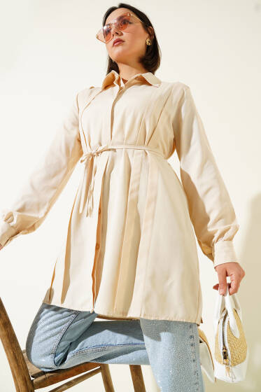Önü Pensli İp Kuşaklı Tunik Bej - Tunik