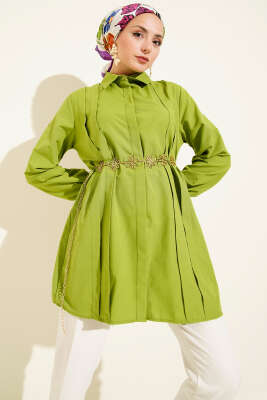 Önü Pensli İp Kuşaklı Tunik Fıstık Yeşili
