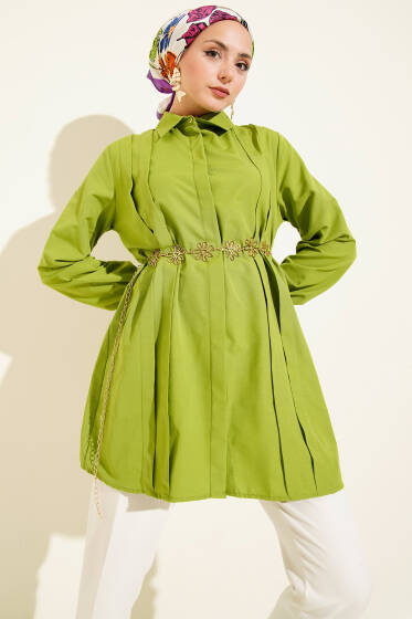 Önü Pensli İp Kuşaklı Tunik Fıstık Yeşili - Yılın Fırsatı