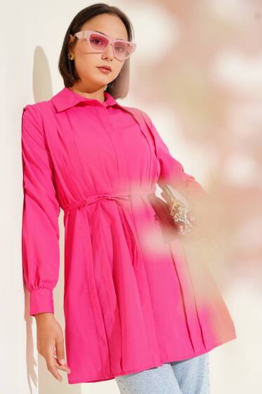Önü Pensli İp Kuşaklı Tunik Fusya - Tunik