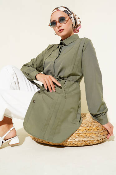 Önü Pensli İp Kuşaklı Tunik Haki - Tunik