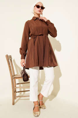 Önü Pensli İp Kuşaklı Tunik Kahve - 300-500 TL Ürünler