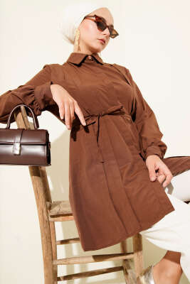 Önü Pensli İp Kuşaklı Tunik Kahve 