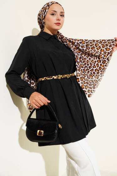 Önü Pensli İp Kuşaklı Tunik Siyah - Tunik