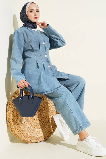 Önü Penslİ Kot İkili Takım Açık Mavi - İkili Takım