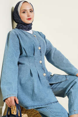 Önü Penslİ Kot İkili Takım Açık Mavi - İkili Takım