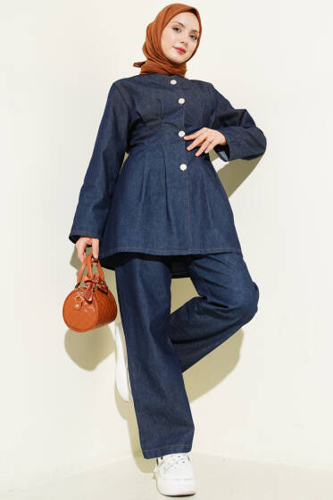 Önü Penslİ Kot İkili Takım Lacivert - İkili Takım