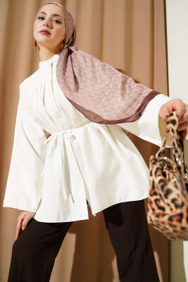 Önü Pensli Paraşüt Gömlek Ekru - VAV TEKSTİL