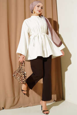 Önü Pensli Paraşüt Gömlek Ekru - Gömlek