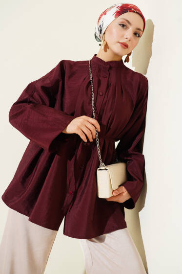 Önü Pensli Paraşüt Gömlek Mürdüm - Gömlek