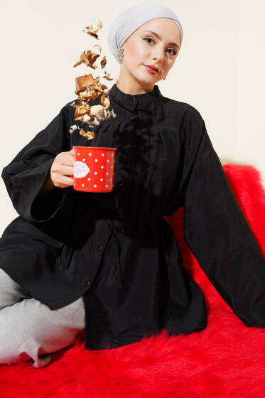 Önü Pensli Paraşüt Gömlek Siyah - Gömlek