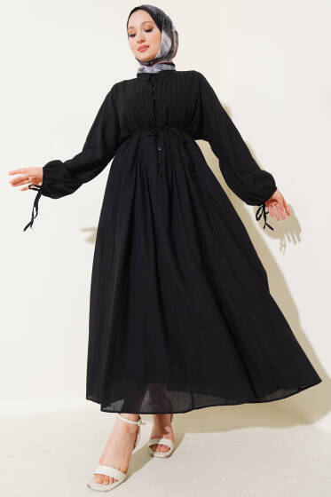 Önü Pile Detayı Brit Düğmeli Elbise Siyah - Elbise