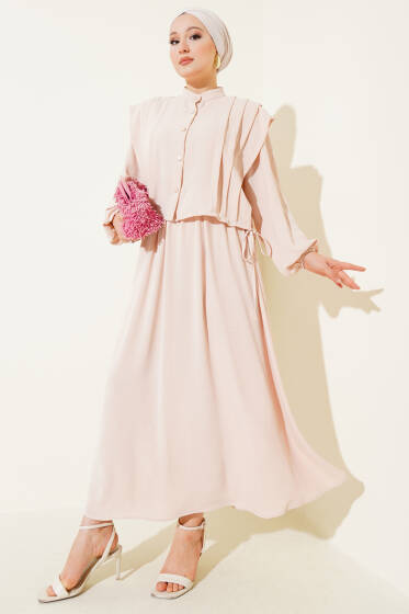 Önü Pile Detaylı Bolerolu Elbise Bej - Elbise