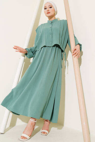 Önü Pile Detaylı Bolerolu Elbise Çağla Yeşili - Elbise