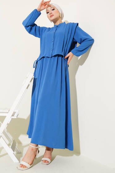 Önü Pile Detaylı Bolerolu Elbise İndigo - Elbise