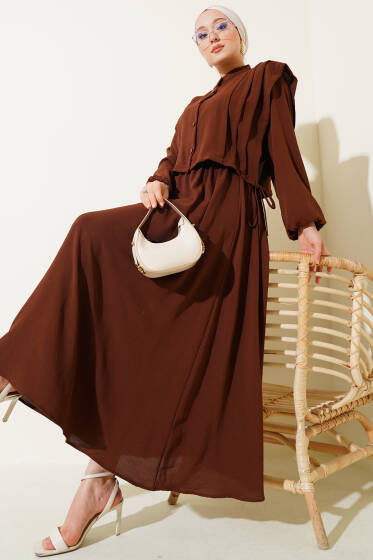 Önü Pile Detaylı Bolerolu Elbise Kahve - Elbise