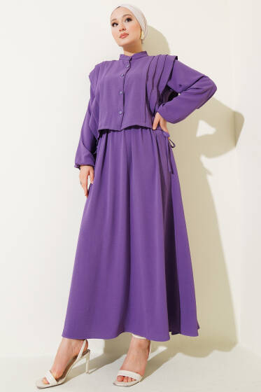 Önü Pile Detaylı Bolerolu Elbise Lila - Elbise