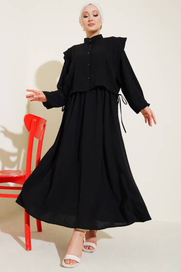 Önü Pile Detaylı Bolerolu Elbise Siyah - Elbise